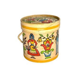 Vintage European Folk Art Trinket Box Floral Figural Printed Cardboard Round